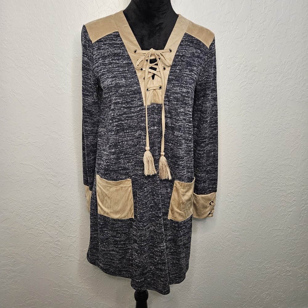 Womens Blue Faux Suede Lace Up Dress Boho Tassel Soft Sz Small Mini Western